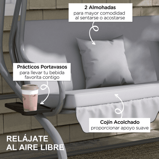 Outsunny Baloiço de Jardim Exterior de 3 Lugares Conversível em Cama 2 em 1 com Toldo Ajustável, Suportes Laterais e 2 Almofadas, Capacidade de 340 kg, 200x120x164 cm, Cinzento