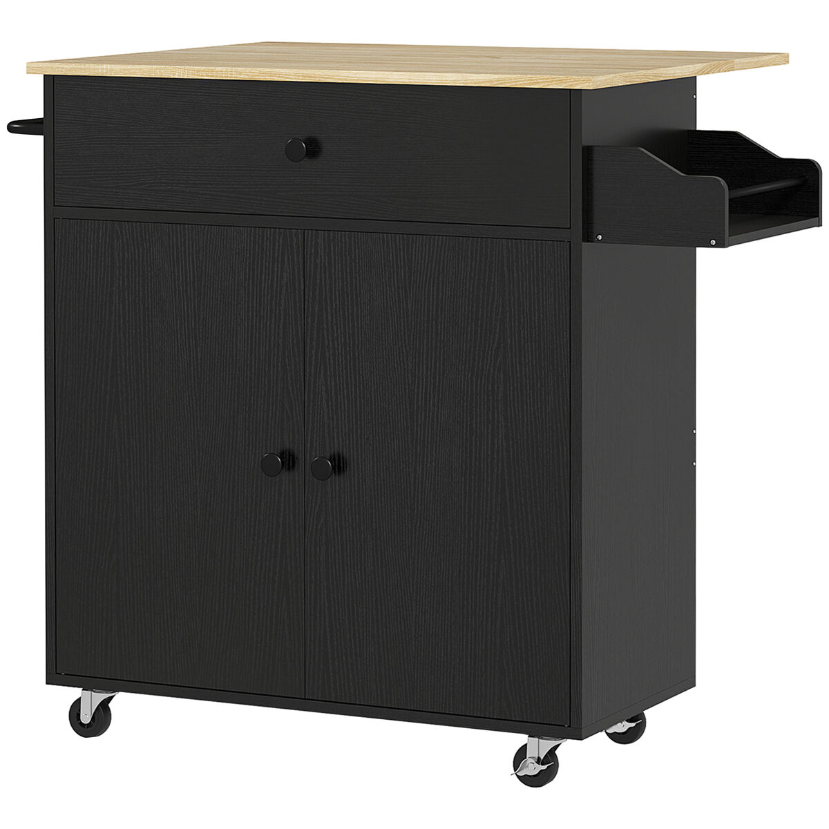 Homcom isla de cocina con ala abatible carrito de cocina mueble auxiliar de cocina con ruedas 2 puertas cajón especiero toallero y estante ajustable 106x42x87 cm negro y roble