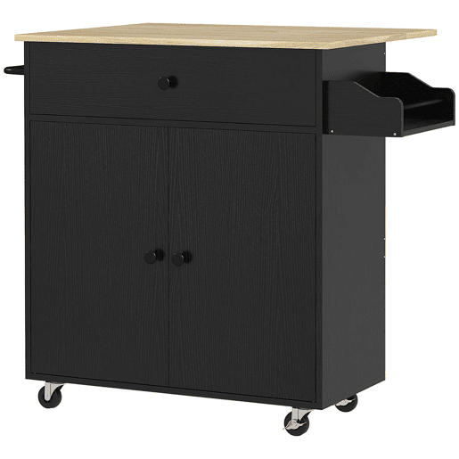 HOMCOM Ilha de Cozinha com Rodas Carrinho de Cozinha com Lateral Dobrável 2 Portas Gaveta Suporte para Temperos e Panos e Prateleira Ajustável 106x42x87 cm Preto e Carvalho