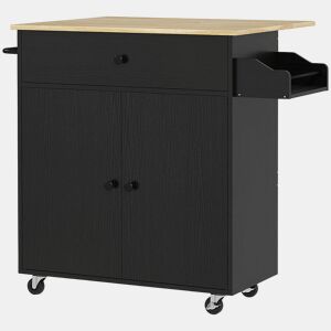 HOMCOM Ilha de Cozinha com Rodas Carrinho de Cozinha com Lateral Dobrável 2 Portas Gaveta Suporte para Temperos e Panos e Prateleira Ajustável 106x42x87 cm Preto e Carvalho