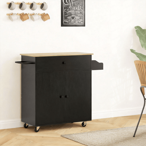 HOMCOM Ilha de Cozinha com Rodas Carrinho de Cozinha com Lateral Dobrável 2 Portas Gaveta Suporte para Temperos e Panos e Prateleira Ajustável 106x42x87 cm Preto e Carvalho
