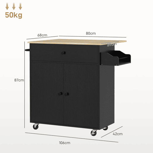 HOMCOM Ilha de Cozinha com Rodas Carrinho de Cozinha com Lateral Dobrável 2 Portas Gaveta Suporte para Temperos e Panos e Prateleira Ajustável 106x42x87 cm Preto e Carvalho