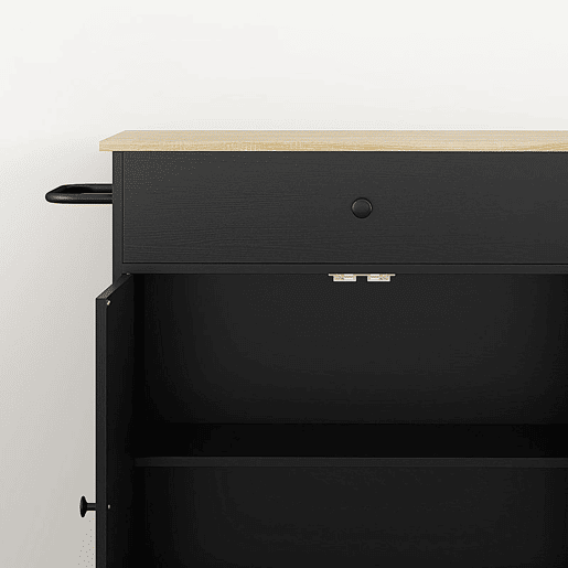 HOMCOM Ilha de Cozinha com Rodas Carrinho de Cozinha com Lateral Dobrável 2 Portas Gaveta Suporte para Temperos e Panos e Prateleira Ajustável 106x42x87 cm Preto e Carvalho