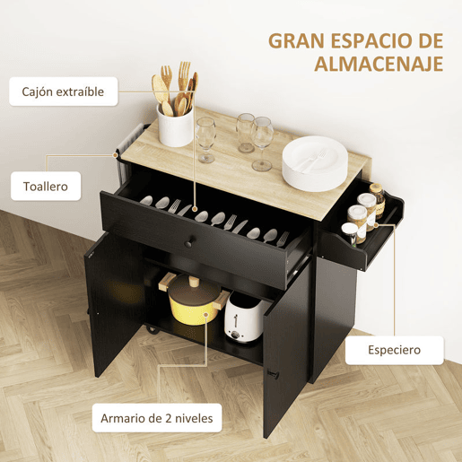 HOMCOM Ilha de Cozinha com Rodas Carrinho de Cozinha com Lateral Dobrável 2 Portas Gaveta Suporte para Temperos e Panos e Prateleira Ajustável 106x42x87 cm Preto e Carvalho
