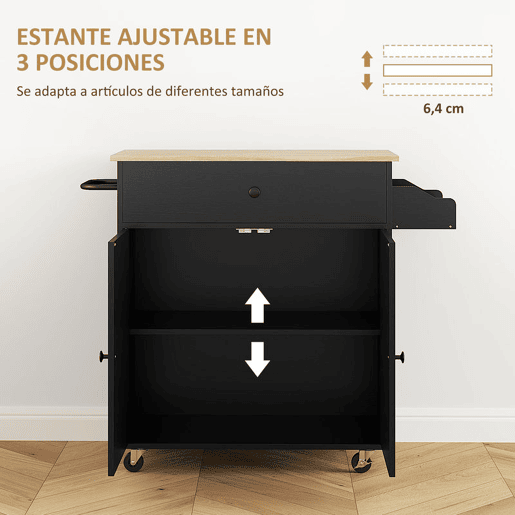 HOMCOM Ilha de Cozinha com Rodas Carrinho de Cozinha com Lateral Dobrável 2 Portas Gaveta Suporte para Temperos e Panos e Prateleira Ajustável 106x42x87 cm Preto e Carvalho