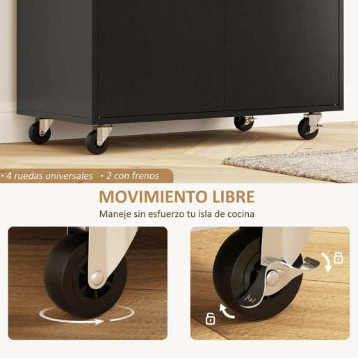 HOMCOM Ilha de Cozinha com Rodas Carrinho de Cozinha com Lateral Dobrável 2 Portas Gaveta Suporte para Temperos e Panos e Prateleira Ajustável 106x42x87 cm Preto e Carvalho
