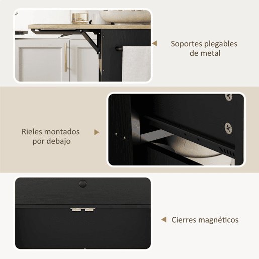 HOMCOM Ilha de Cozinha com Rodas Carrinho de Cozinha com Lateral Dobrável 2 Portas Gaveta Suporte para Temperos e Panos e Prateleira Ajustável 106x42x87 cm Preto e Carvalho