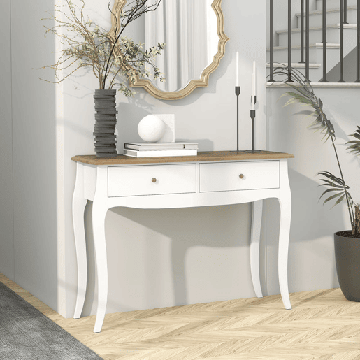 HOMCOM Consola 100x35x76,5 cm com 2 Gavetas Mesa de Entrada Estilo Francês para Corredor, Quarto ou Sala de Estar Branco e Castanho Escuro