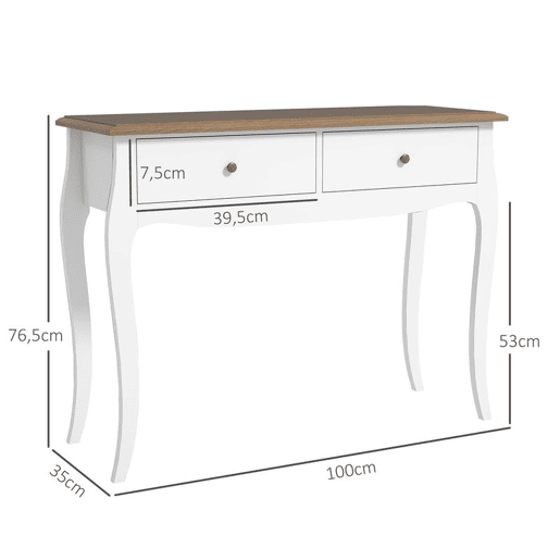 HOMCOM Consola 100x35x76,5 cm com 2 Gavetas Mesa de Entrada Estilo Francês para Corredor, Quarto ou Sala de Estar Branco e Castanho Escuro