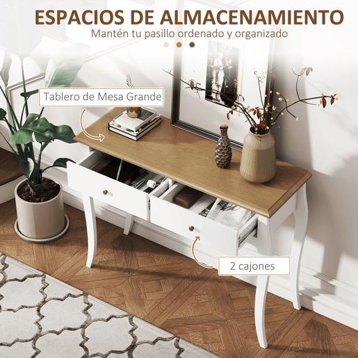HOMCOM Consola 100x35x76,5 cm com 2 Gavetas Mesa de Entrada Estilo Francês para Corredor, Quarto ou Sala de Estar Branco e Castanho Escuro