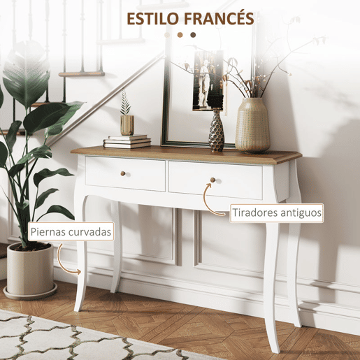 HOMCOM Consola 100x35x76,5 cm com 2 Gavetas Mesa de Entrada Estilo Francês para Corredor, Quarto ou Sala de Estar Branco e Castanho Escuro