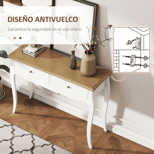 HOMCOM Consola 100x35x76,5 cm com 2 Gavetas Mesa de Entrada Estilo Francês para Corredor, Quarto ou Sala de Estar Branco e Castanho Escuro