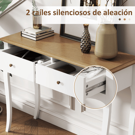 HOMCOM Consola 100x35x76,5 cm com 2 Gavetas Mesa de Entrada Estilo Francês para Corredor, Quarto ou Sala de Estar Branco e Castanho Escuro