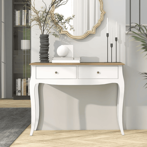 HOMCOM Consola 100x35x76,5 cm com 2 Gavetas Mesa de Entrada Estilo Francês para Corredor, Quarto ou Sala de Estar Branco e Castanho Escuro
