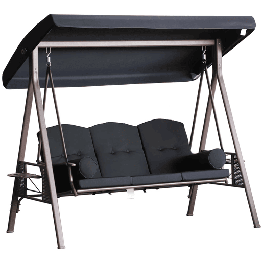 Outsunny Banco Baloiço de Jardim de 3 Lugares com Teto 2 Almofadas Suporte para Bebidas e Estrutura de Metal para Terraço Balcão Exterior Carga Máxima 360kg 207x120,5x174 cm Preto