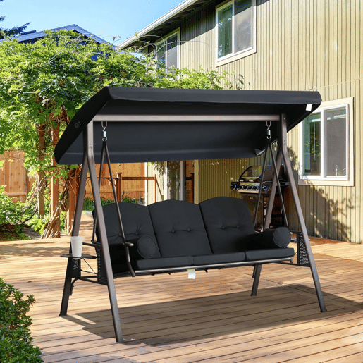 Outsunny Banco Baloiço de Jardim de 3 Lugares com Teto 2 Almofadas Suporte para Bebidas e Estrutura de Metal para Terraço Balcão Exterior Carga Máxima 360kg 207x120,5x174 cm Preto