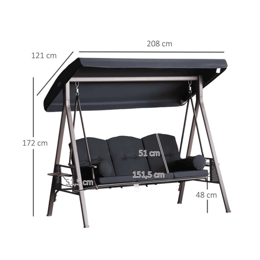 Outsunny Banco Baloiço de Jardim de 3 Lugares com Teto 2 Almofadas Suporte para Bebidas e Estrutura de Metal para Terraço Balcão Exterior Carga Máxima 360kg 207x120,5x174 cm Preto