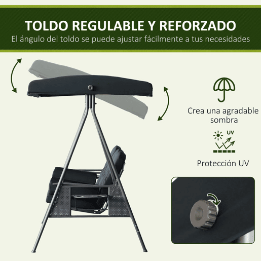Outsunny Banco Baloiço de Jardim de 3 Lugares com Teto 2 Almofadas Suporte para Bebidas e Estrutura de Metal para Terraço Balcão Exterior Carga Máxima 360kg 207x120,5x174 cm Preto