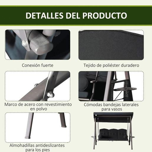 Outsunny Banco Baloiço de Jardim de 3 Lugares com Teto 2 Almofadas Suporte para Bebidas e Estrutura de Metal para Terraço Balcão Exterior Carga Máxima 360kg 207x120,5x174 cm Preto