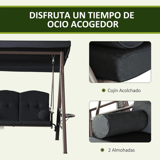 Outsunny Banco Baloiço de Jardim de 3 Lugares com Teto 2 Almofadas Suporte para Bebidas e Estrutura de Metal para Terraço Balcão Exterior Carga Máxima 360kg 207x120,5x174 cm Preto
