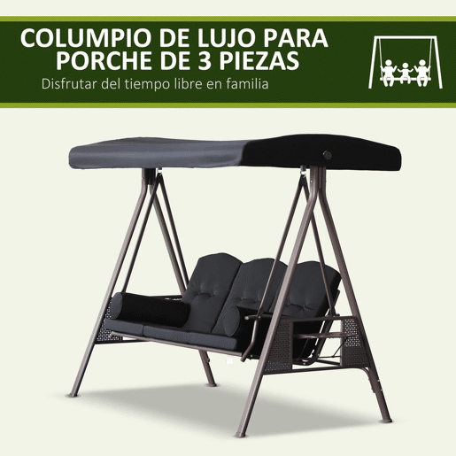 Outsunny Banco Baloiço de Jardim de 3 Lugares com Teto 2 Almofadas Suporte para Bebidas e Estrutura de Metal para Terraço Balcão Exterior Carga Máxima 360kg 207x120,5x174 cm Preto