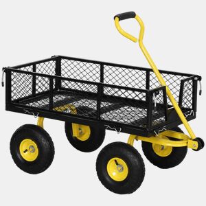 Outsunny Carrinho de Jardim Carga 200 kg Carrinho de Praia com Paineis Laterais Desmontáveis Guiador Giratório 180° e 4 Rodas Grandes de Borracha Preto e Amarelo