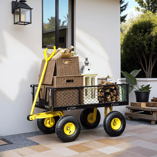 Outsunny Carrinho de Jardim Carga 200 kg Carrinho de Praia com Paineis Laterais Desmontáveis Guiador Giratório 180° e 4 Rodas Grandes de Borracha Preto e Amarelo