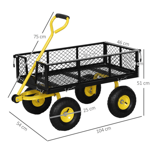 Outsunny Carrinho de Jardim Carga 200 kg Carrinho de Praia com Paineis Laterais Desmontáveis Guiador Giratório 180° e 4 Rodas Grandes de Borracha Preto e Amarelo