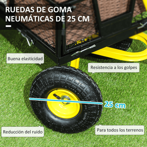 Outsunny Carrinho de Jardim Carga 200 kg Carrinho de Praia com Paineis Laterais Desmontáveis Guiador Giratório 180° e 4 Rodas Grandes de Borracha Preto e Amarelo