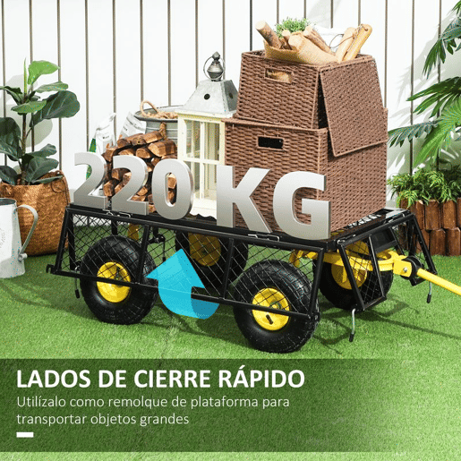 Outsunny Carrinho de Jardim Carga 200 kg Carrinho de Praia com Paineis Laterais Desmontáveis Guiador Giratório 180° e 4 Rodas Grandes de Borracha Preto e Amarelo