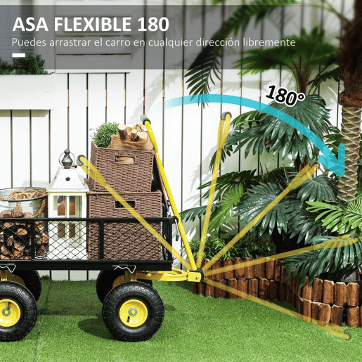 Outsunny Carrinho de Jardim Carga 200 kg Carrinho de Praia com Paineis Laterais Desmontáveis Guiador Giratório 180° e 4 Rodas Grandes de Borracha Preto e Amarelo