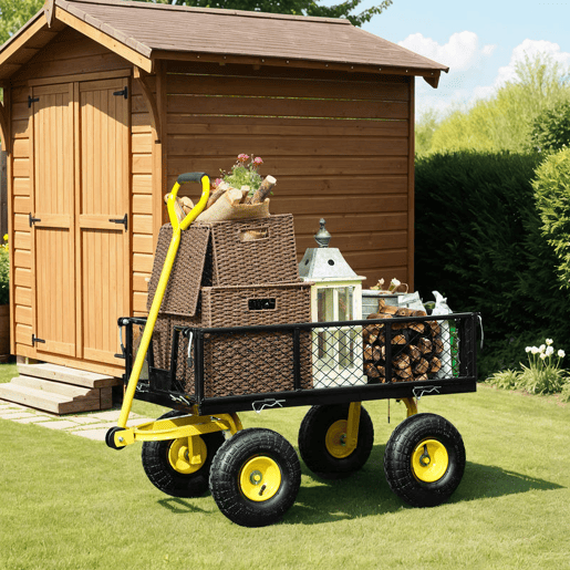 Outsunny Carrinho de Jardim Carga 200 kg Carrinho de Praia com Paineis Laterais Desmontáveis Guiador Giratório 180° e 4 Rodas Grandes de Borracha Preto e Amarelo