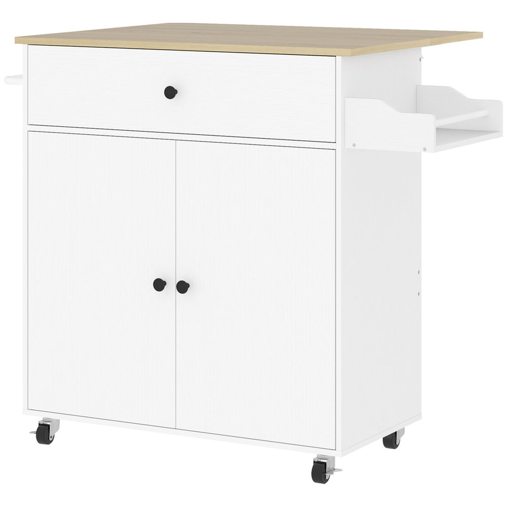 Homcom isla de cocina con ala abatible carrito de cocina mueble auxiliar de cocina con ruedas 2 puertas cajón especiero toallero y estante ajustable 106x42x87 cm blanco y roble