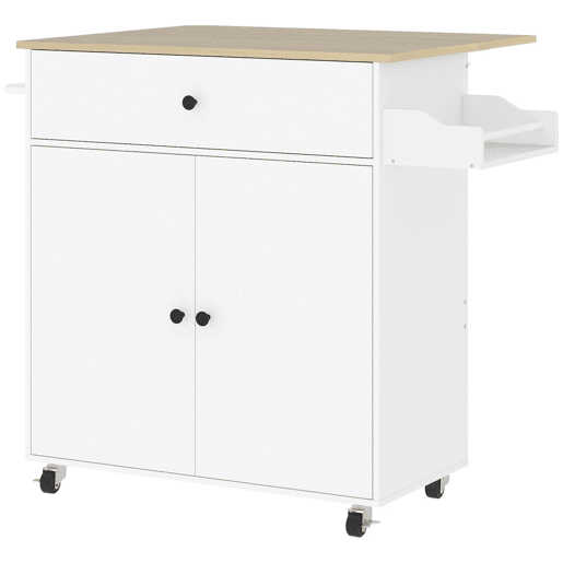 HOMCOM Ilha de Cozinha com Rodas Carrinho de Cozinha com Lateral Dobrável 2 Portas Gaveta Suporte para Temperos e Panos e Prateleira Ajustável 106x42x87 cm Branco e Carvalho