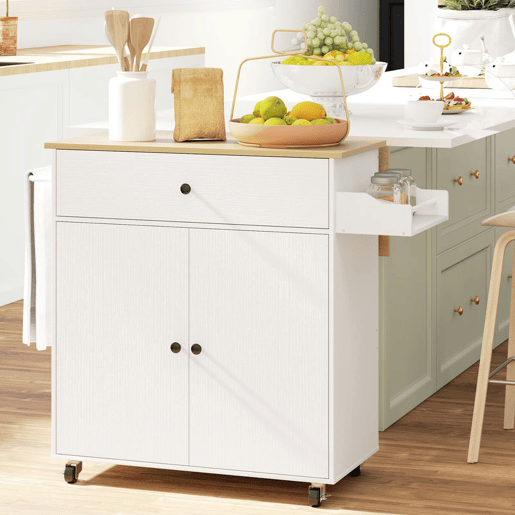 HOMCOM Ilha de Cozinha com Rodas Carrinho de Cozinha com Lateral Dobrável 2 Portas Gaveta Suporte para Temperos e Panos e Prateleira Ajustável 106x42x87 cm Branco e Carvalho