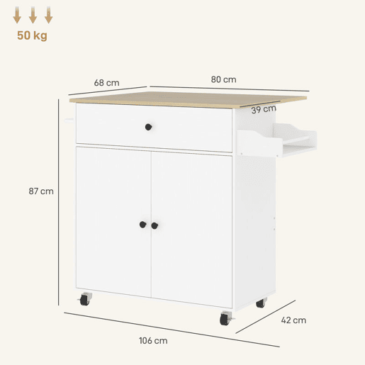 HOMCOM Ilha de Cozinha com Rodas Carrinho de Cozinha com Lateral Dobrável 2 Portas Gaveta Suporte para Temperos e Panos e Prateleira Ajustável 106x42x87 cm Branco e Carvalho