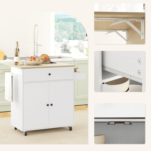 HOMCOM Ilha de Cozinha com Rodas Carrinho de Cozinha com Lateral Dobrável 2 Portas Gaveta Suporte para Temperos e Panos e Prateleira Ajustável 106x42x87 cm Branco e Carvalho
