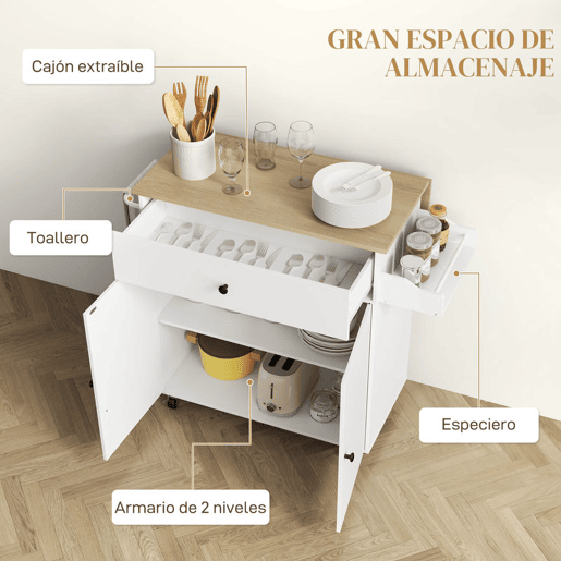 HOMCOM Ilha de Cozinha com Rodas Carrinho de Cozinha com Lateral Dobrável 2 Portas Gaveta Suporte para Temperos e Panos e Prateleira Ajustável 106x42x87 cm Branco e Carvalho