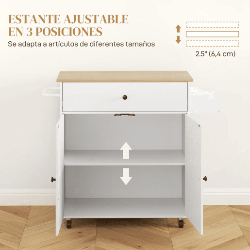HOMCOM Ilha de Cozinha com Rodas Carrinho de Cozinha com Lateral Dobrável 2 Portas Gaveta Suporte para Temperos e Panos e Prateleira Ajustável 106x42x87 cm Branco e Carvalho