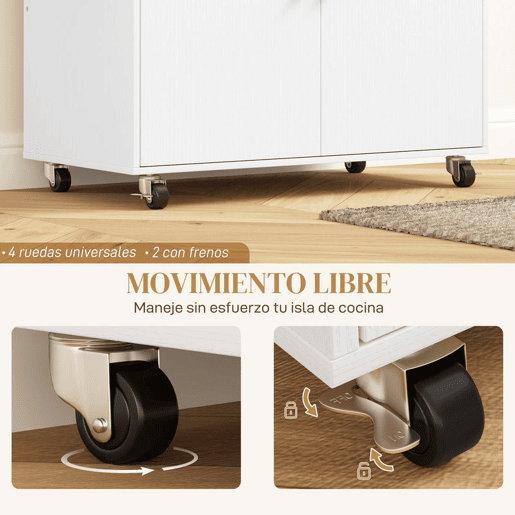 HOMCOM Ilha de Cozinha com Rodas Carrinho de Cozinha com Lateral Dobrável 2 Portas Gaveta Suporte para Temperos e Panos e Prateleira Ajustável 106x42x87 cm Branco e Carvalho
