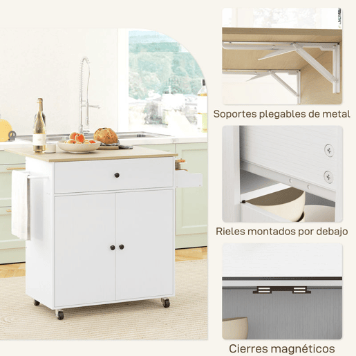 HOMCOM Ilha de Cozinha com Rodas Carrinho de Cozinha com Lateral Dobrável 2 Portas Gaveta Suporte para Temperos e Panos e Prateleira Ajustável 106x42x87 cm Branco e Carvalho