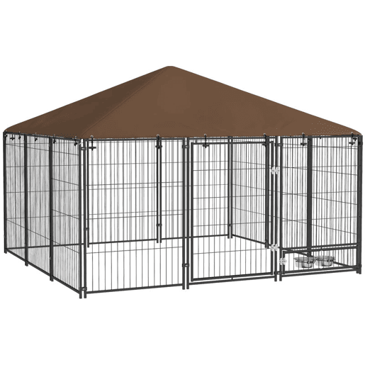 PawHut Parque para Cães com Toldo Canil para Exterior com Suporte Giratório para Comida 2 Tigelas Incluídas 211x211x151 cm Preto Marrom PawHut Parque para Cães com Toldo Canil para Exterior com Suporte Giratório para Comida 2 Tigelas Incluídas 211x211x151 cm Preto Marrom