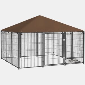 PawHut Parque para Cães com Toldo Canil para Exterior com Suporte Giratório para Comida 2 Tigelas Incluídas 211x211x151 cm Preto Marrom