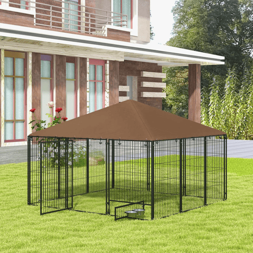PawHut Parque para Cães com Toldo Canil para Exterior com Suporte Giratório para Comida 2 Tigelas Incluídas 211x211x151 cm Preto Marrom PawHut Parque para Cães com Toldo Canil para Exterior com Suporte Giratório para Comida 2 Tigelas Incluídas 211x211x151 cm Preto Marrom