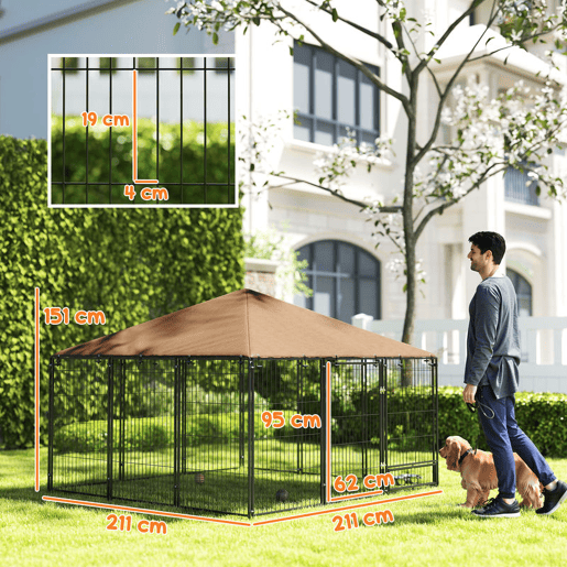 PawHut Parque para Cães com Toldo Canil para Exterior com Suporte Giratório para Comida 2 Tigelas Incluídas 211x211x151 cm Preto Marrom PawHut Parque para Cães com Toldo Canil para Exterior com Suporte Giratório para Comida 2 Tigelas Incluídas 211x211x151 cm Preto Marrom