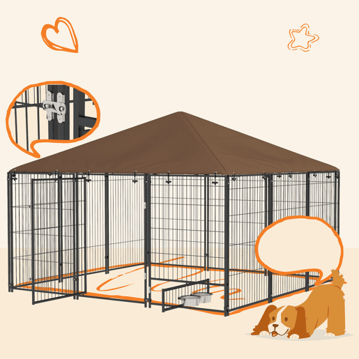 PawHut Parque para Cães com Toldo Canil para Exterior com Suporte Giratório para Comida 2 Tigelas Incluídas 211x211x151 cm Preto Marrom PawHut Parque para Cães com Toldo Canil para Exterior com Suporte Giratório para Comida 2 Tigelas Incluídas 211x211x151 cm Preto Marrom