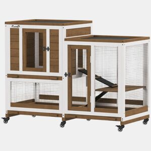 PawHut Casa para Coelhos de Madeira de 2 Níveis com 6 Rodas 2 Rampas 3 Tabuleiros Removíveis Portas com Fechaduras e Zona Aberta Casa Interior 110x50x86 cm Castanho