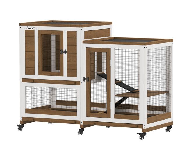 Pawhut conejera de madera de 2 niveles jaula para conejos con 6 ruedas 2 escaleras 3 bandejas extraíbles puertas con cerraduras y zona abierta conejera para interior 110x50x86 cm marrón
