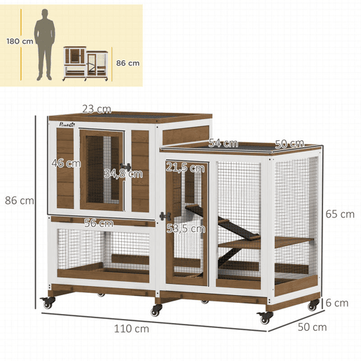 PawHut Casa para Coelhos de Madeira de 2 Níveis com 6 Rodas 2 Rampas 3 Tabuleiros Removíveis Portas com Fechaduras e Zona Aberta Casa Interior 110x50x86 cm Castanho