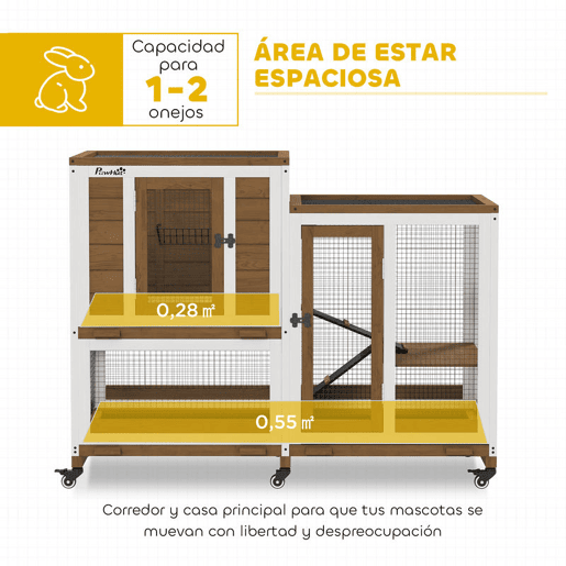 PawHut Casa para Coelhos de Madeira de 2 Níveis com 6 Rodas 2 Rampas 3 Tabuleiros Removíveis Portas com Fechaduras e Zona Aberta Casa Interior 110x50x86 cm Castanho